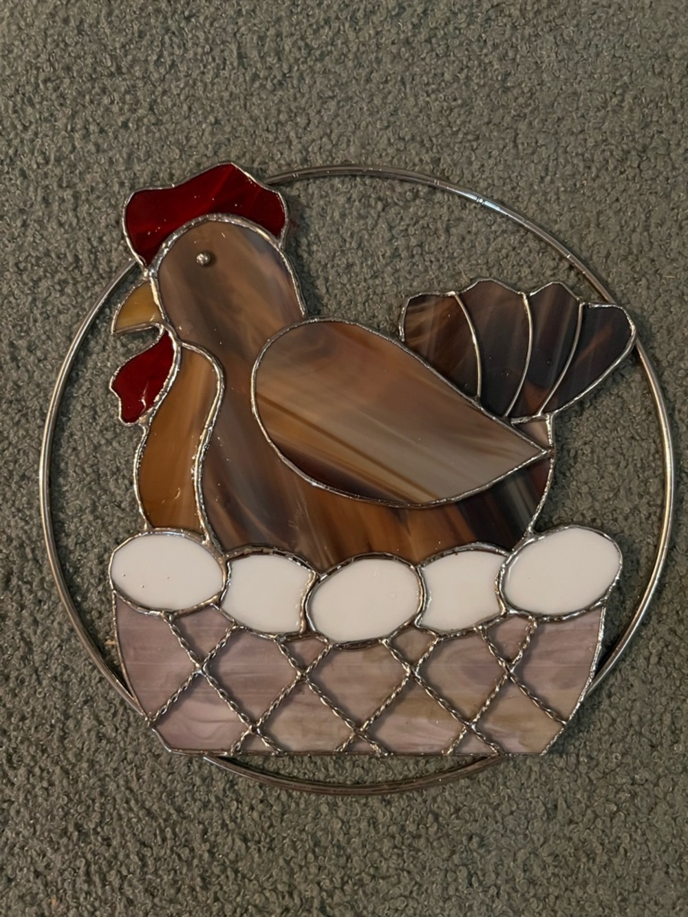 Hand Crafted Brown & Red Stained Glass Nesting Hen on five Eggs Large 8”